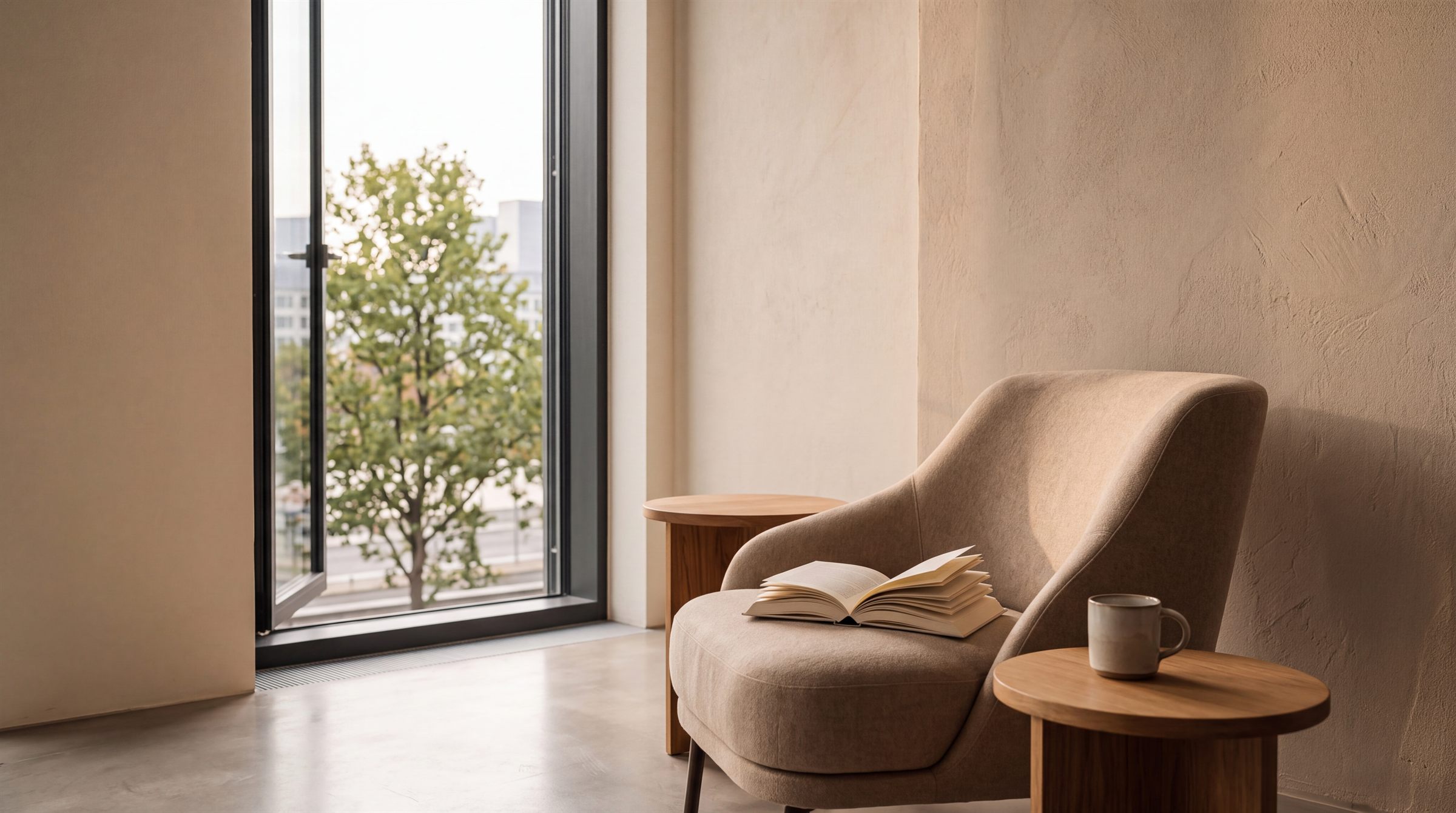 Ruhige Leseecke am Fenster mit Sessel und aufgeschlagenem Buch